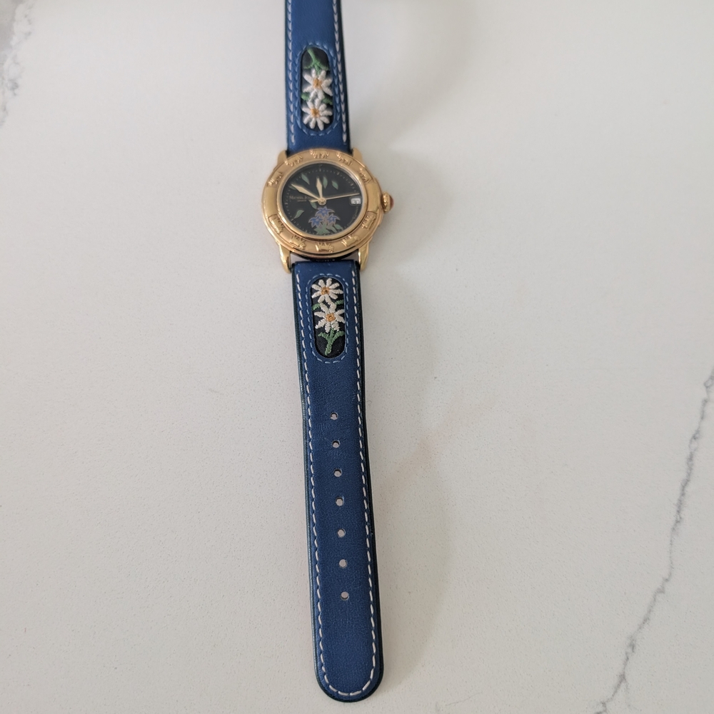 Gold Watch with Blue Floral Strap Michel Jordi